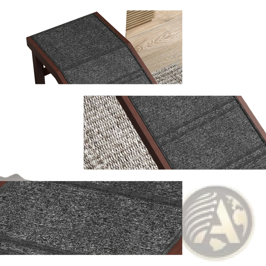 Dark gray wooden dog ramp with wooden frame and soft polyester anti slip carpet surface for pet stairs with platform
