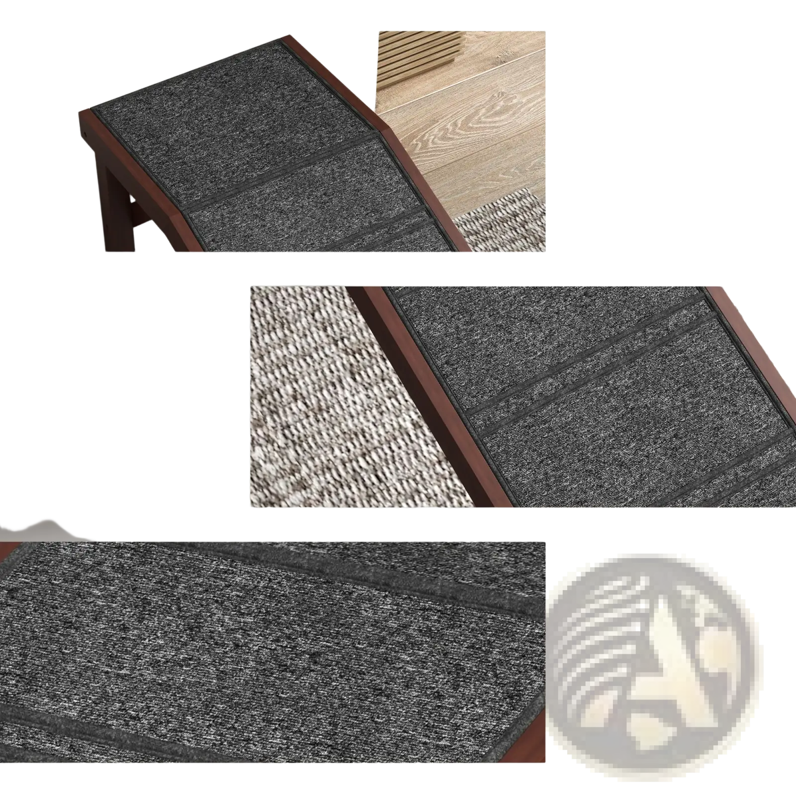 Dark gray wooden dog ramp with wooden frame and soft polyester anti slip carpet surface for pet stairs with platform