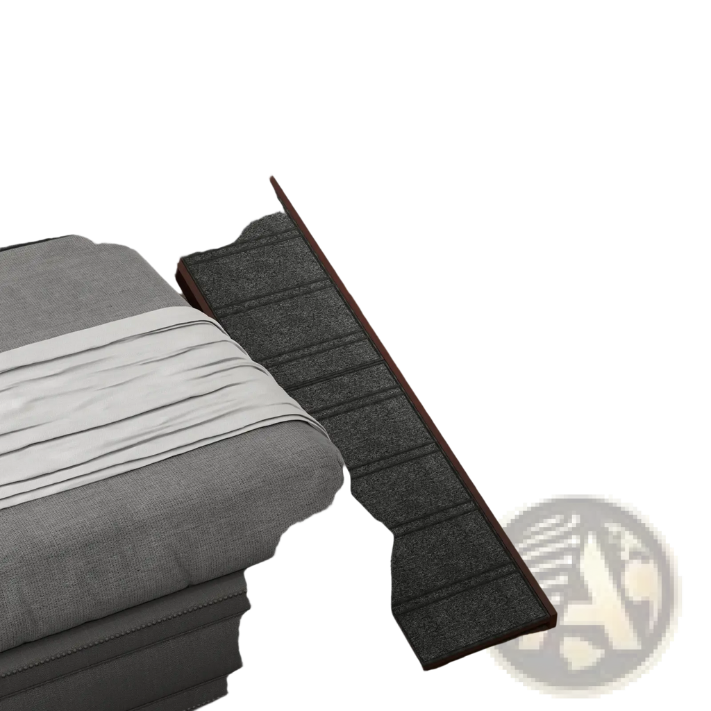 Dark gray textured wooden dog ramp with non slip platform and stairs for pet accessibility