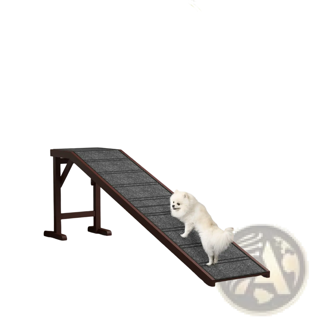Dark wood framed wooden dog ramp with textured gray carpeted non slip surface and platform for pets