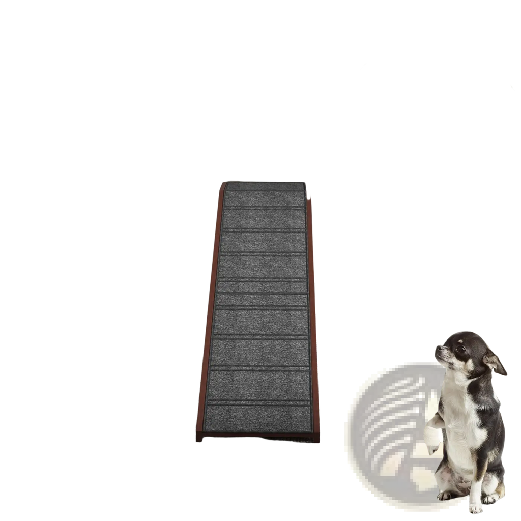 Gray textured pet stair with wooden sides featuring non slip platform for safe dog ramp use