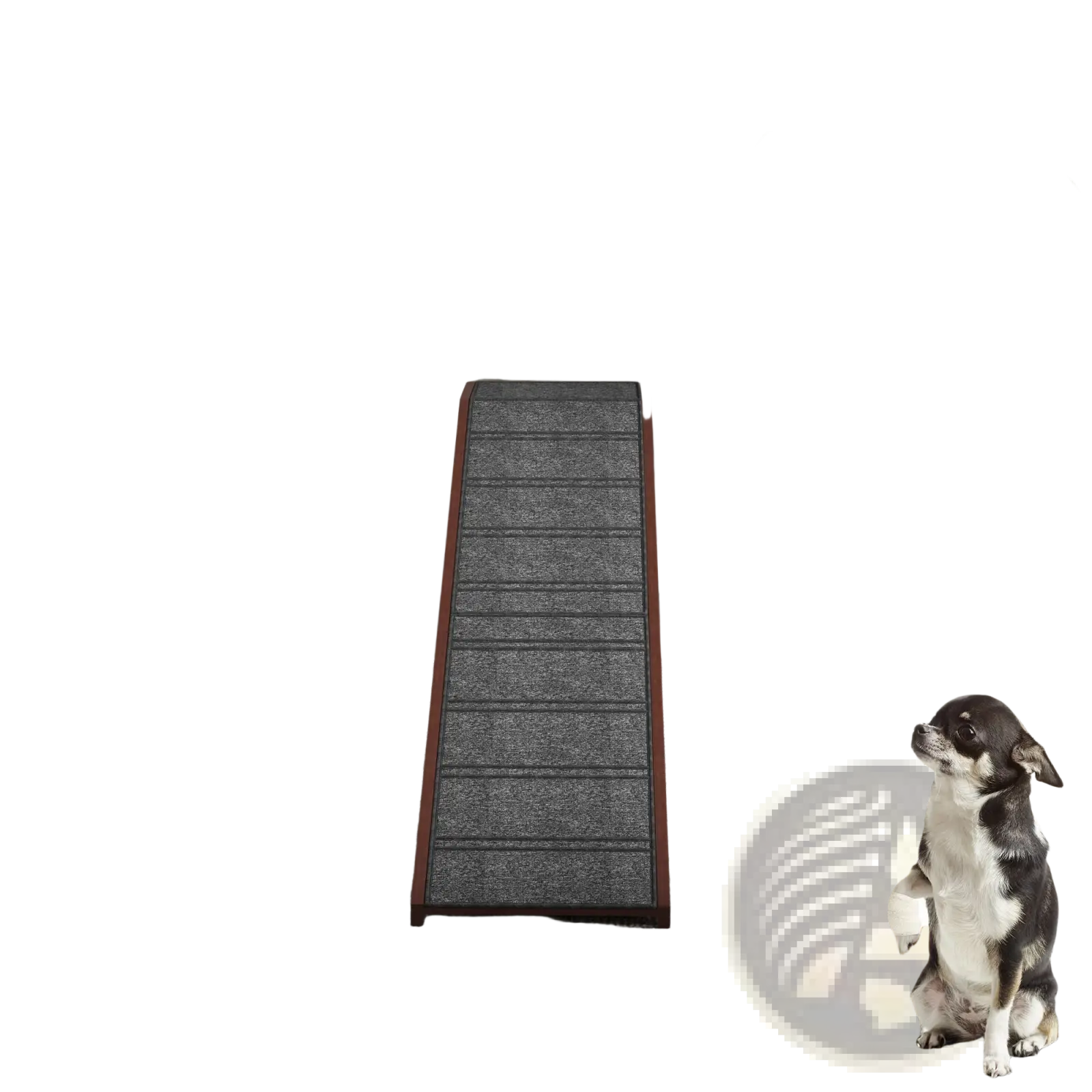 Gray textured pet stair with wooden sides featuring non slip platform for safe dog ramp use