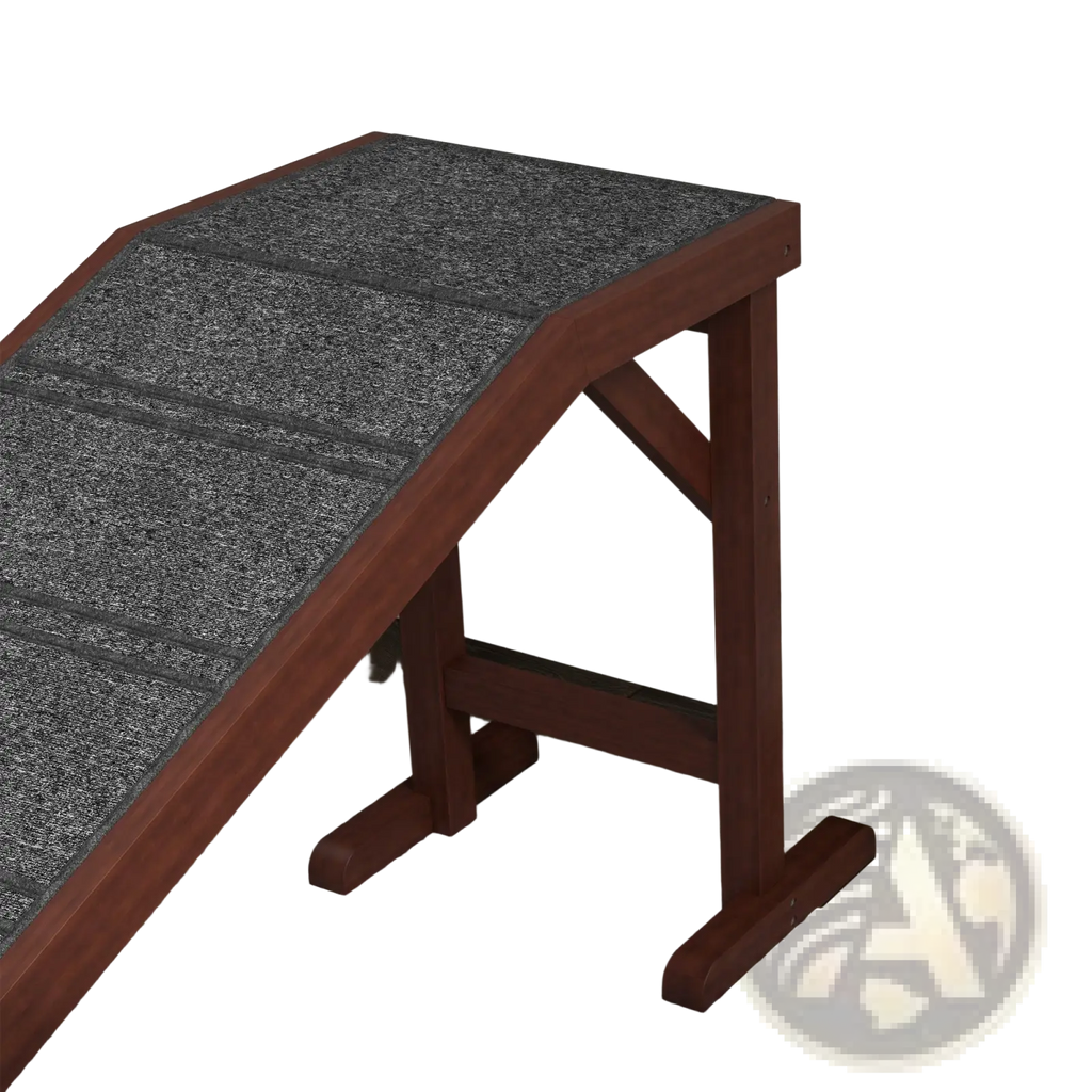 A sturdy dark brown wooden dog ramp with a textured gray non slip scratching surface and platform for pets