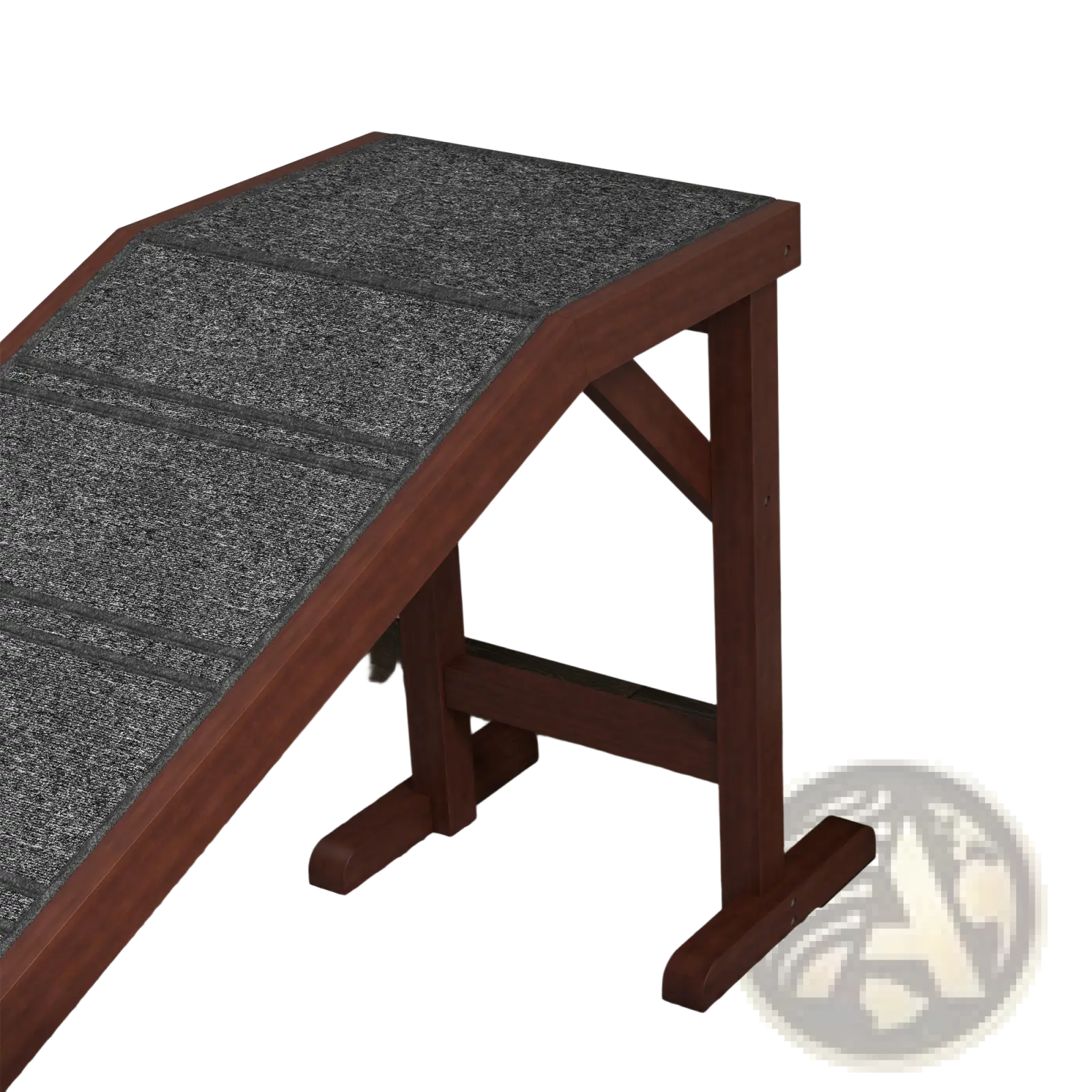 A sturdy dark brown wooden dog ramp with a textured gray non slip scratching surface and platform for pets