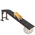 Brown wooden dog ramp with textured black non slip surface designed as pet stairs with platform for easy access