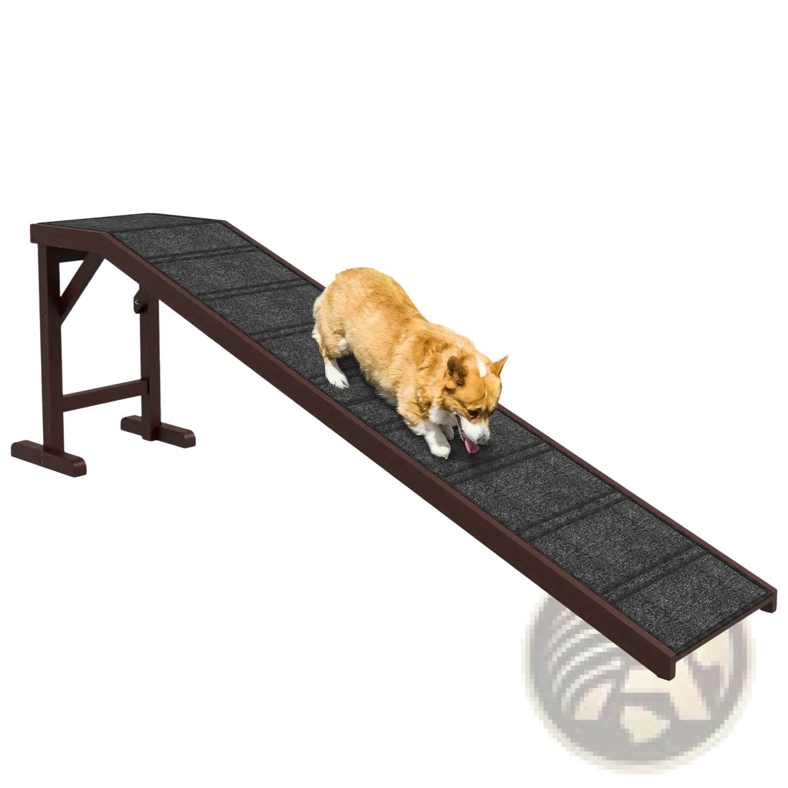 Brown wooden dog ramp with textured black non slip surface designed as pet stairs with platform for easy access