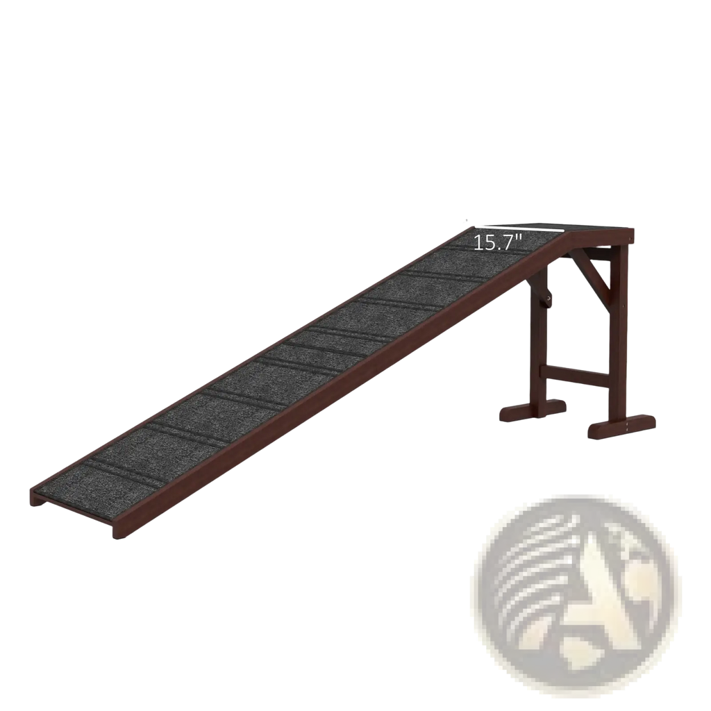 Brown wooden dog ramp with textured dark gray non slip surface for safe pet stairs and platform use