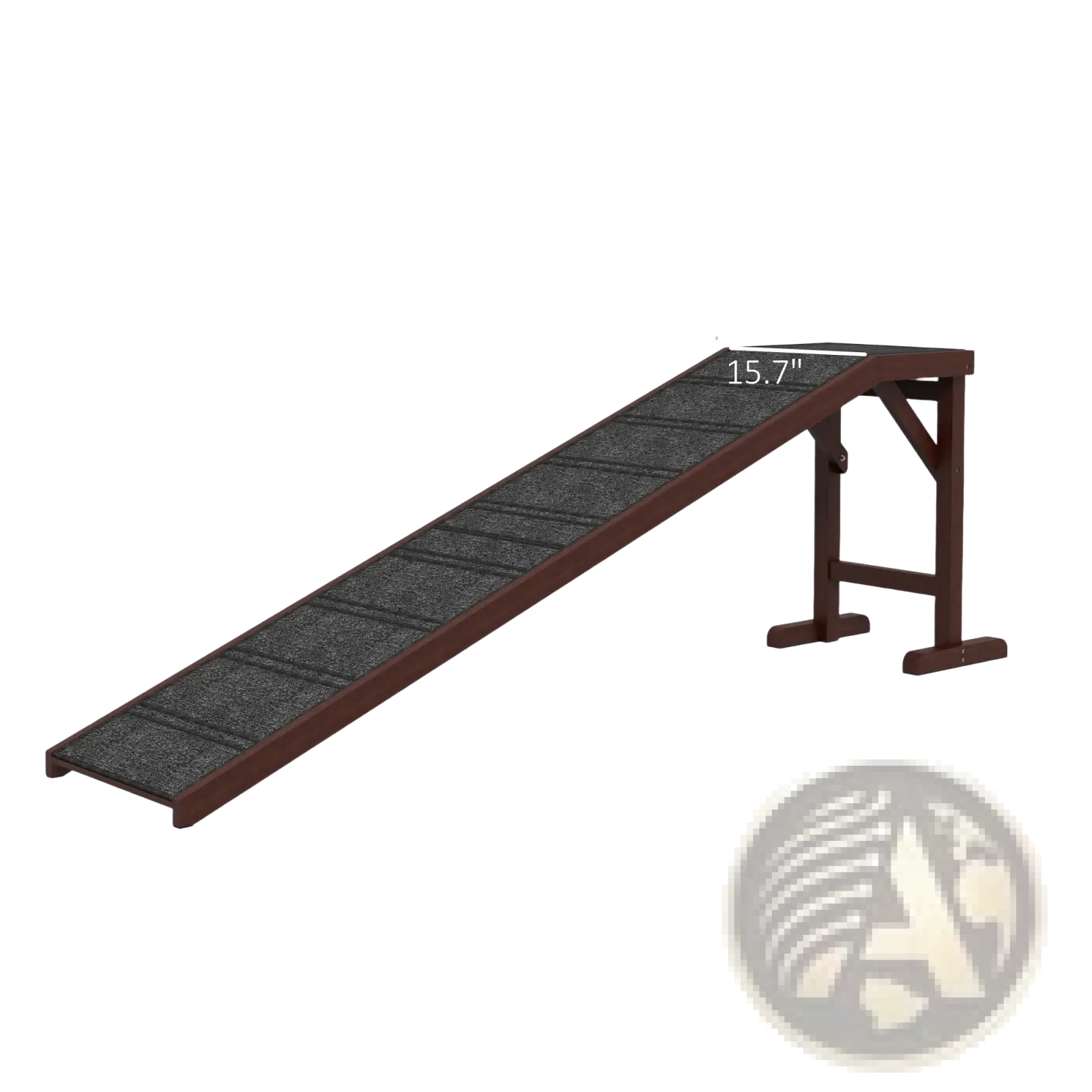 Brown wooden dog ramp with textured dark gray non slip surface for safe pet stairs and platform use