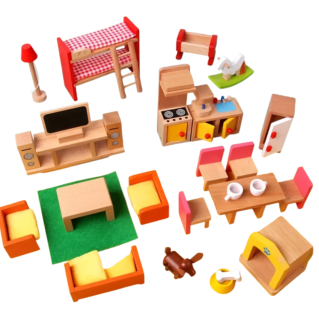 Wooden dollhouse furniture set with colorful accents and miniature details for kids miniature toys playtime