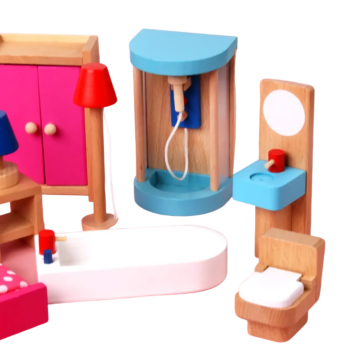 Blue wooden shower stall with white hose and blue base from wooden dollhouse furniture set for kids miniature toys
