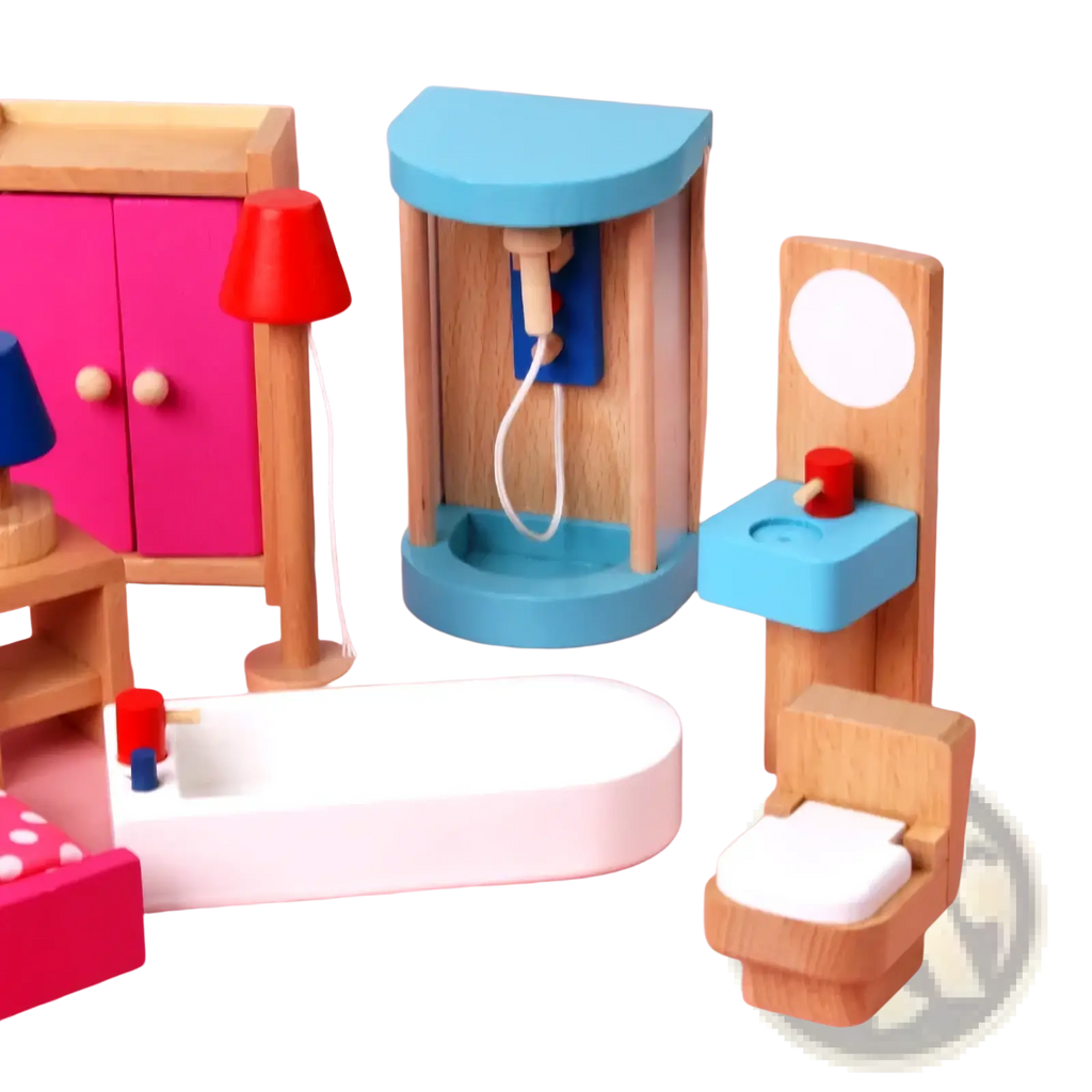 Blue wooden shower stall with white hose and blue base from wooden dollhouse furniture set for kids miniature toys