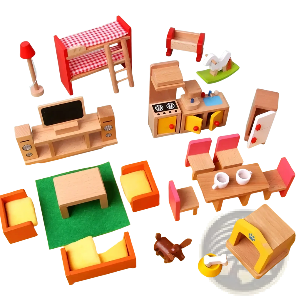 Wooden dollhouse furniture set with colorful accents and miniature details for kids miniature toys playtime