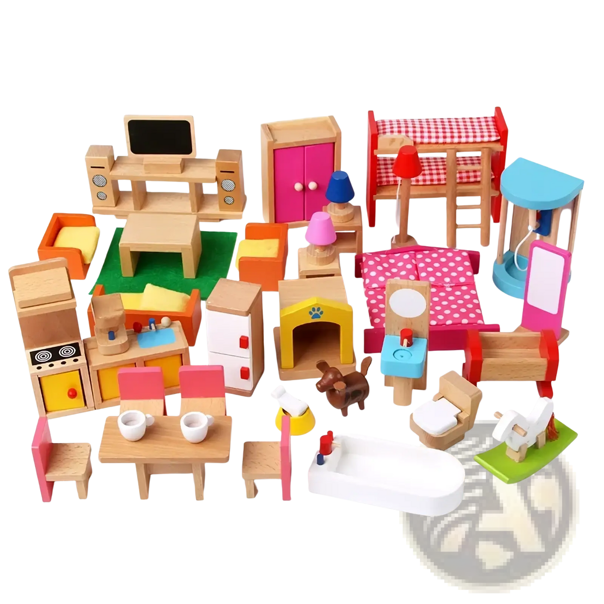 Colorful wooden dollhouse furniture set with painted accents and miniature details for kids miniature toys