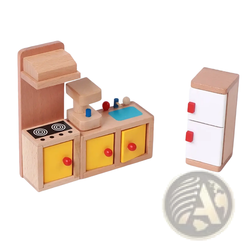 Wooden dollhouse furniture set featuring a light wood toy kitchen with yellow drawers, red knobs, blue sink, and white fridge