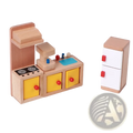 Wooden dollhouse furniture set featuring a light wood toy kitchen with yellow drawers, red knobs, blue sink, and white fridge