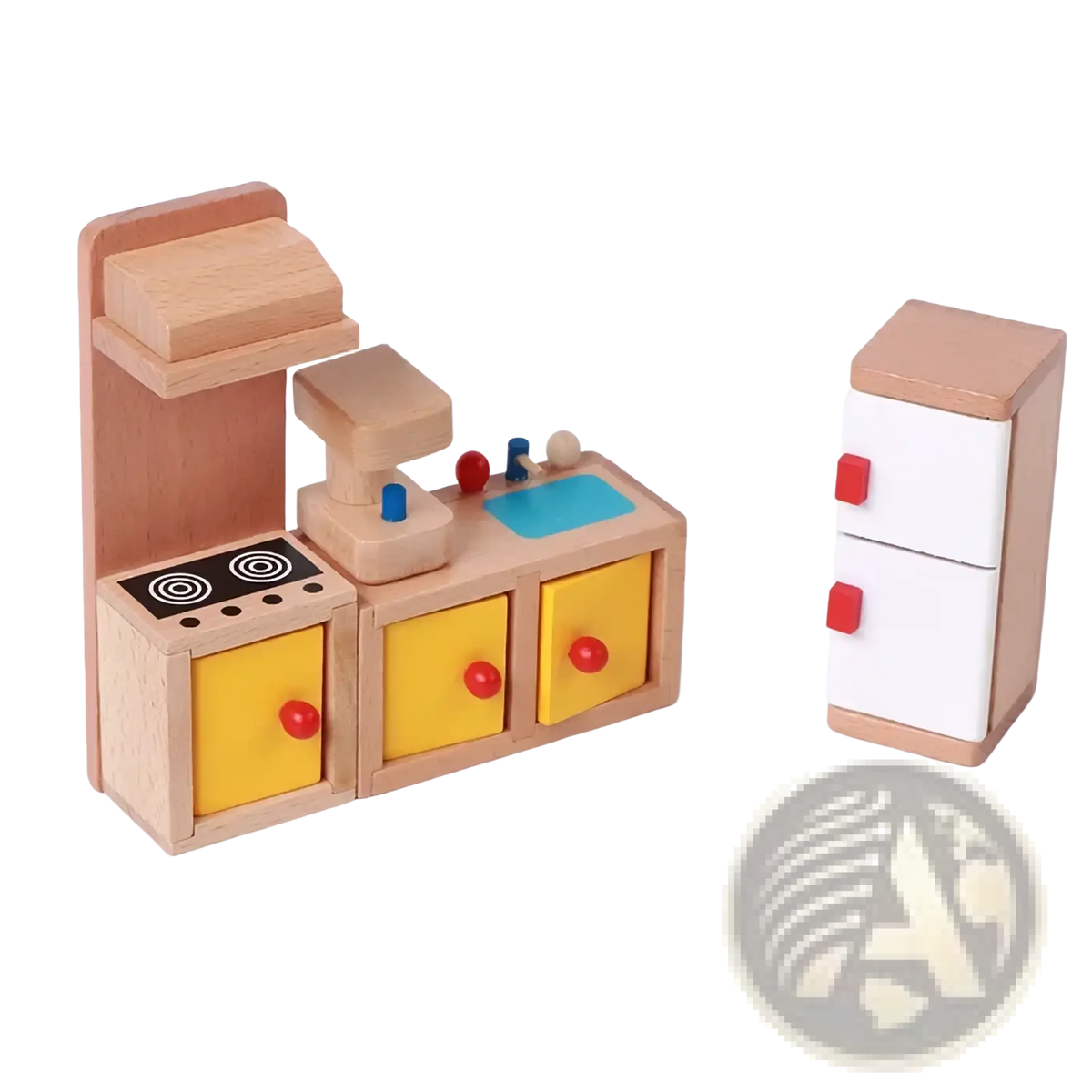 Wooden dollhouse furniture set featuring a light wood toy kitchen with yellow drawers, red knobs, blue sink, and white fridge