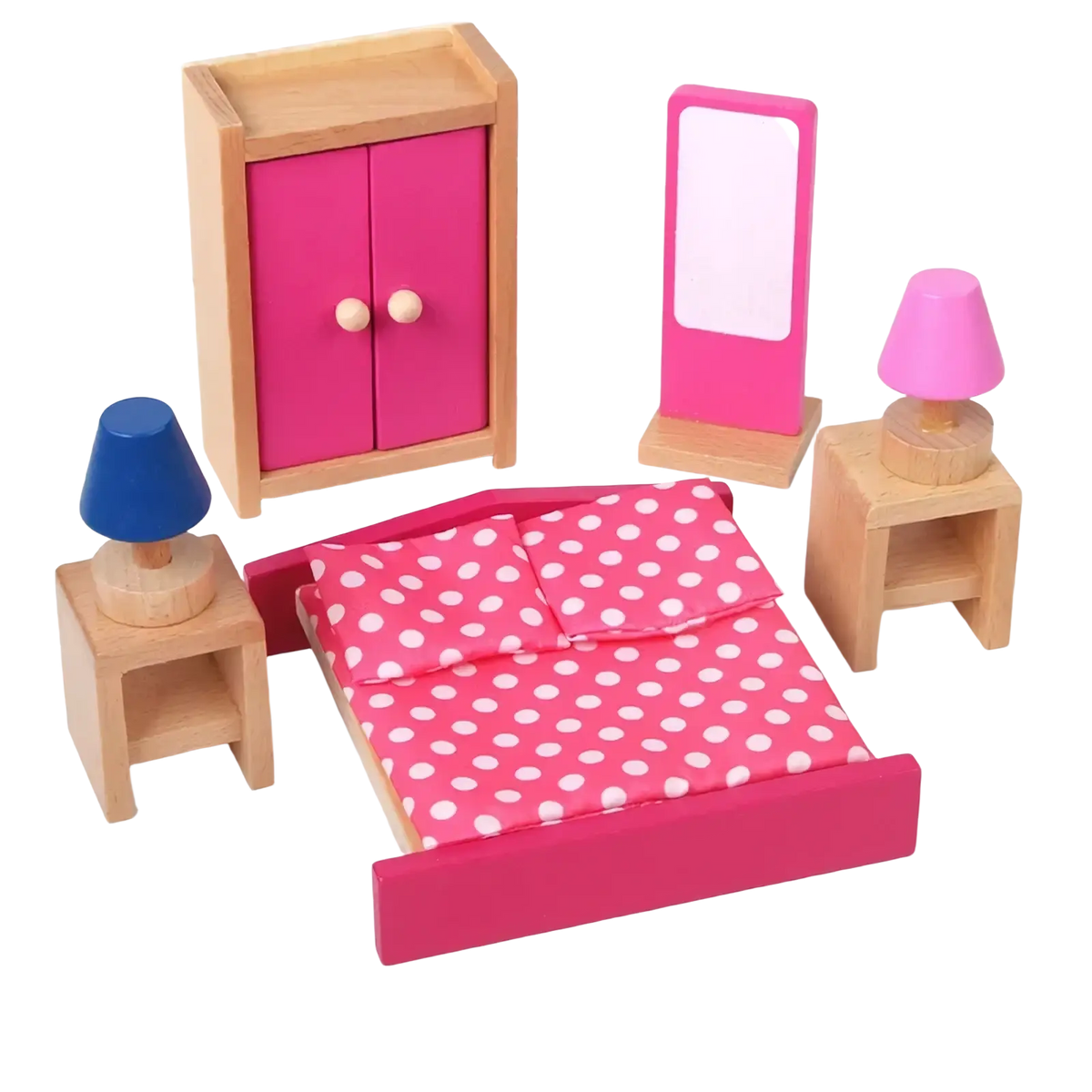 Pink wooden dollhouse bedroom set with polka dot bedding and matching miniature furniture for kids play