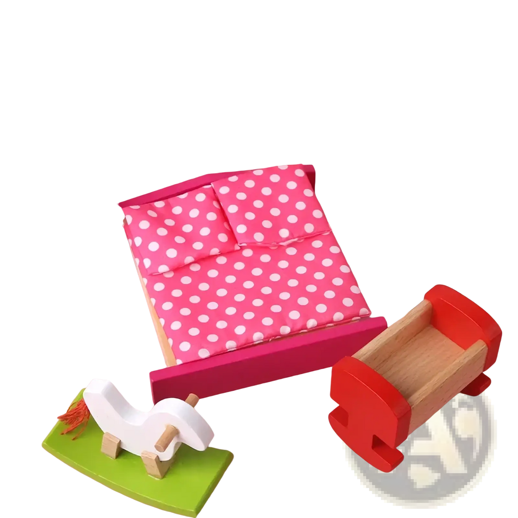 Pink bed with white polka dots and wooden frame from wooden dollhouse furniture set kids miniature toys