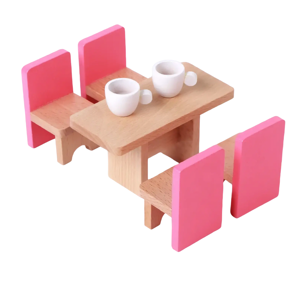 Pink and natural wood miniature dining set with two white ceramic cups from wooden dollhouse furniture set kids miniature toys