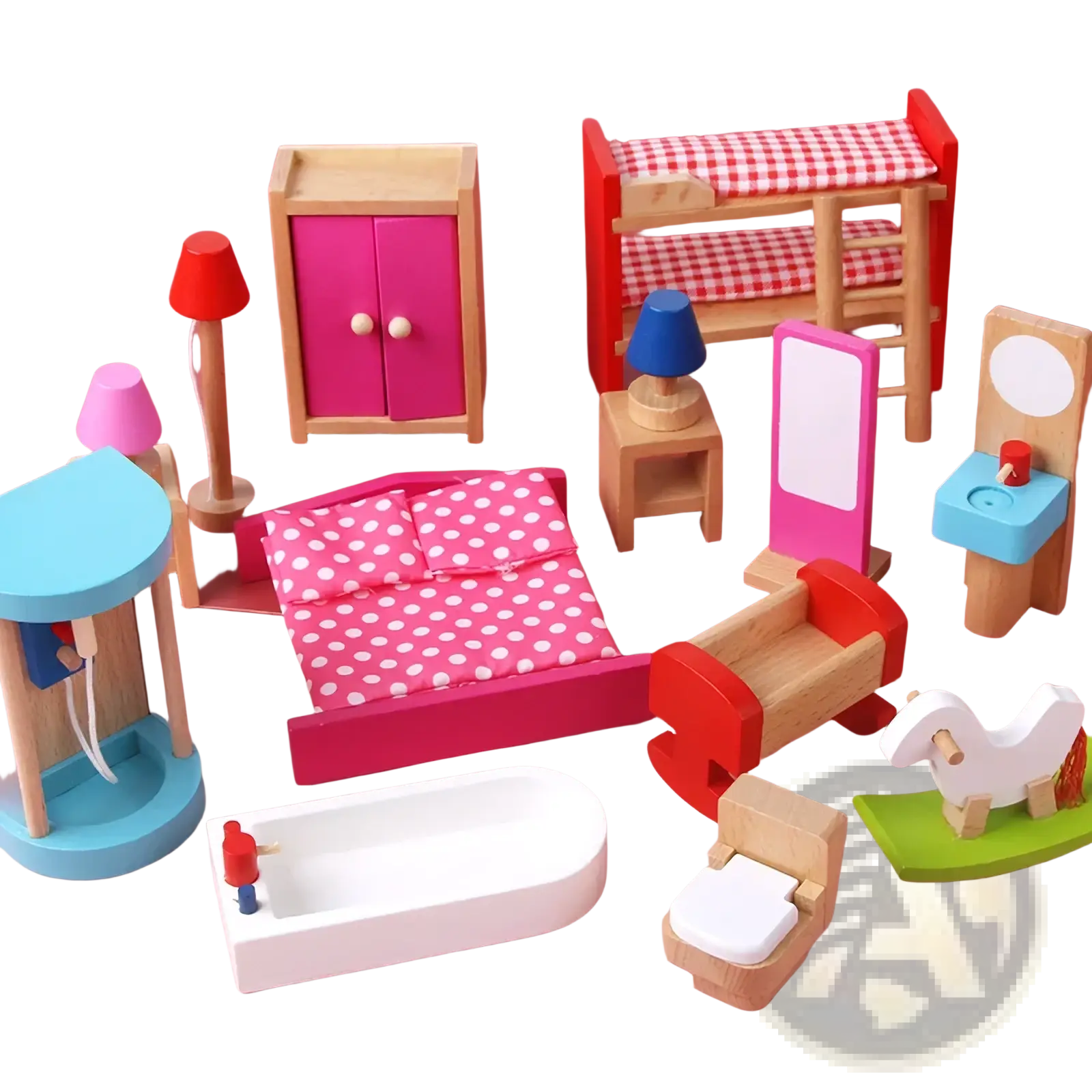 Wooden dollhouse furniture set featuring a pink polka-dot bed with wooden frame and matching pink headboard