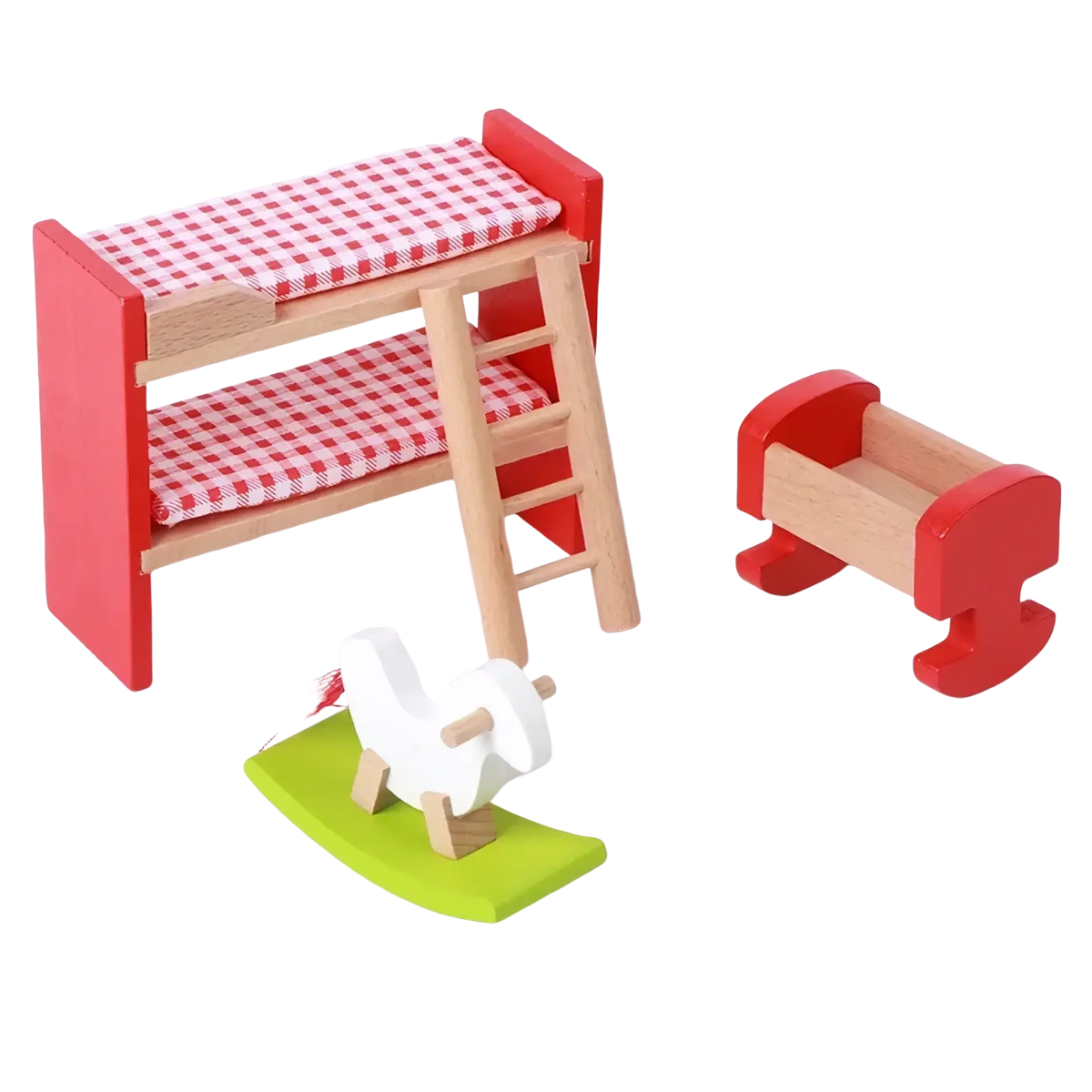 Red and natural wood wooden dollhouse bunk bed with red and white checkered mattress miniature toy furniture set
