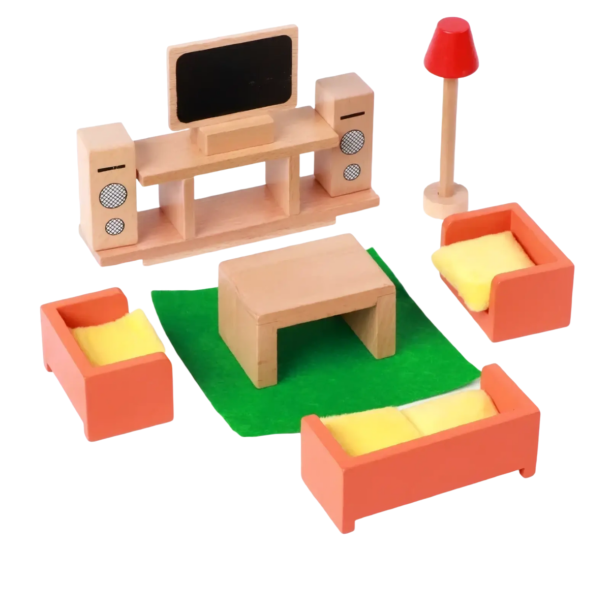 Wooden dollhouse furniture set featuring a wooden living room with orange seating and yellow cushions for kids miniature toys