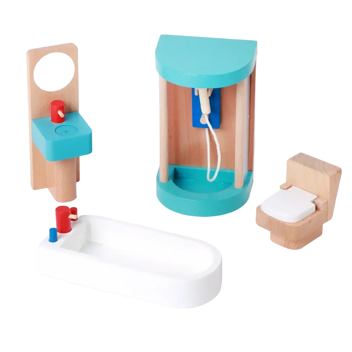 Wooden dollhouse furniture set featuring teal and natural wood toy bathroom with white bathtub red faucet and blue showerhead