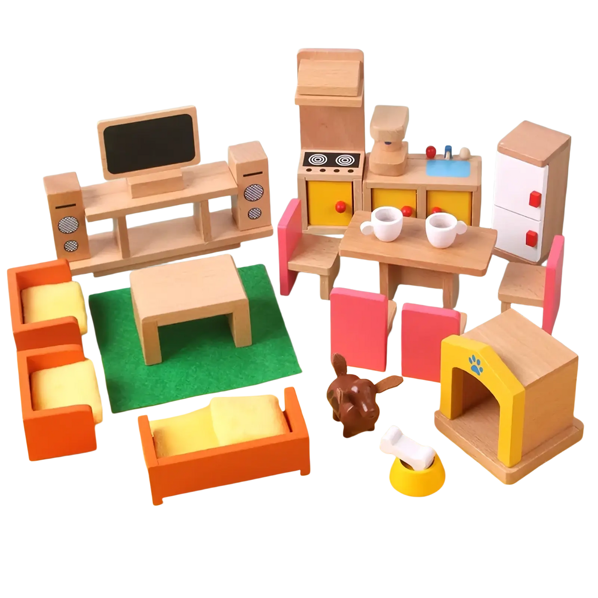 Wooden dollhouse furniture set featuring a wooden toy kitchen with yellow cabinets and red knobs for kids