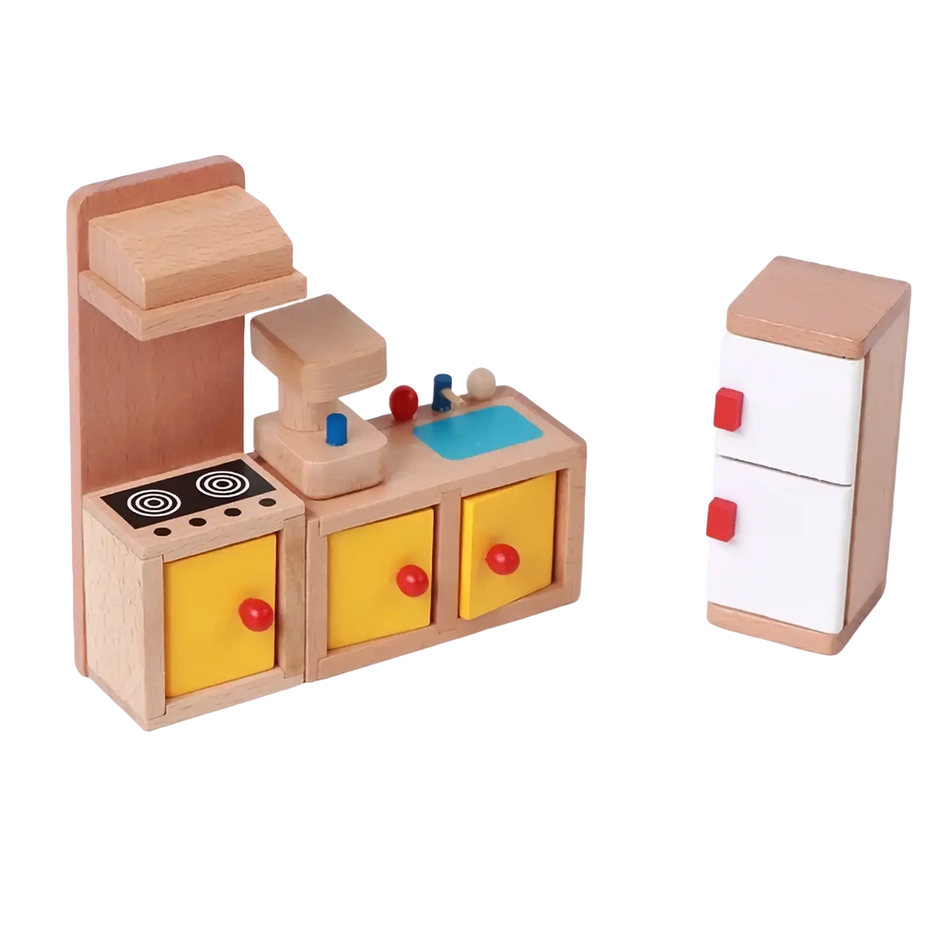 Wooden dollhouse furniture set featuring a light wood toy kitchen with yellow drawers, red knobs, blue sink, and white fridge