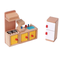Wooden dollhouse furniture set featuring a light wood toy kitchen with yellow drawers, red knobs, blue sink, and white fridge