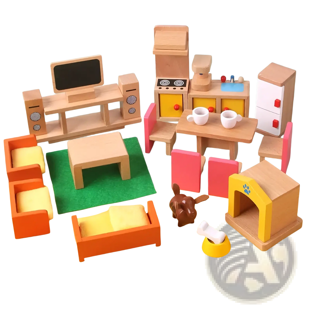 Wooden dollhouse furniture set featuring a wooden toy kitchen with yellow cabinets and red knobs for kids