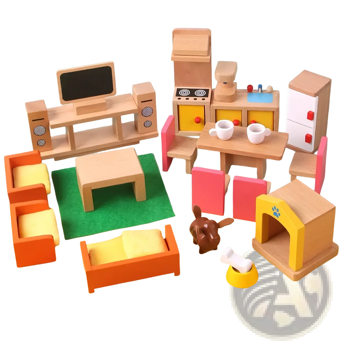 Wooden dollhouse furniture set featuring a wooden toy kitchen with yellow cabinets and red knobs for kids