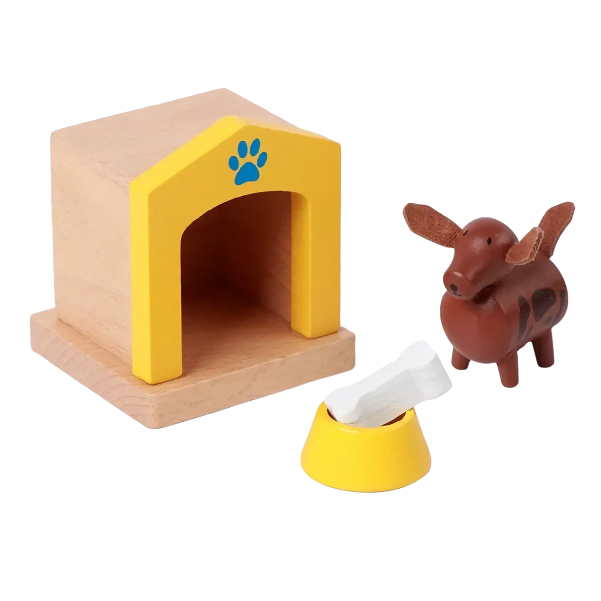 Yellow wooden doghouse with a blue paw print on the roof from the wooden dollhouse furniture set kids miniature toys