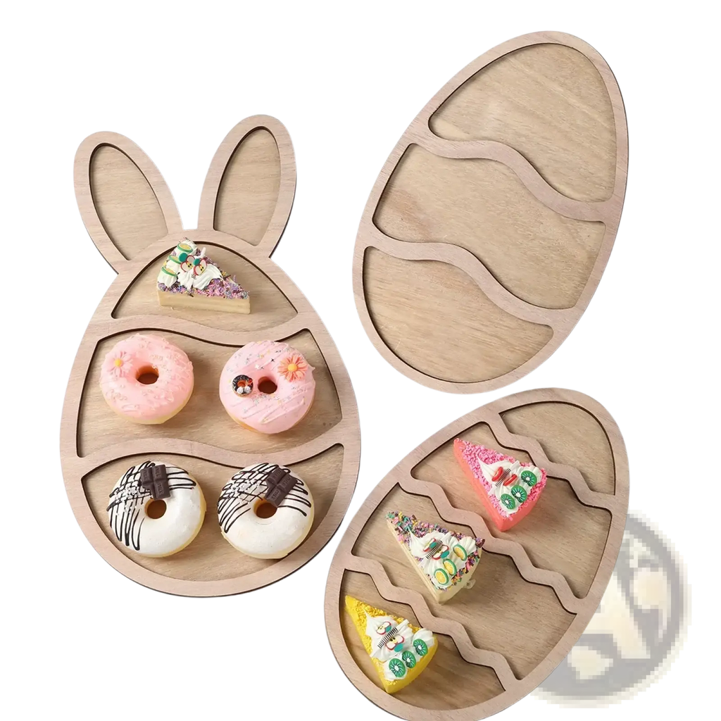 Light brown wooden Easter bunny serving trays with three compartments and egg-shaped wavy cutouts for food display