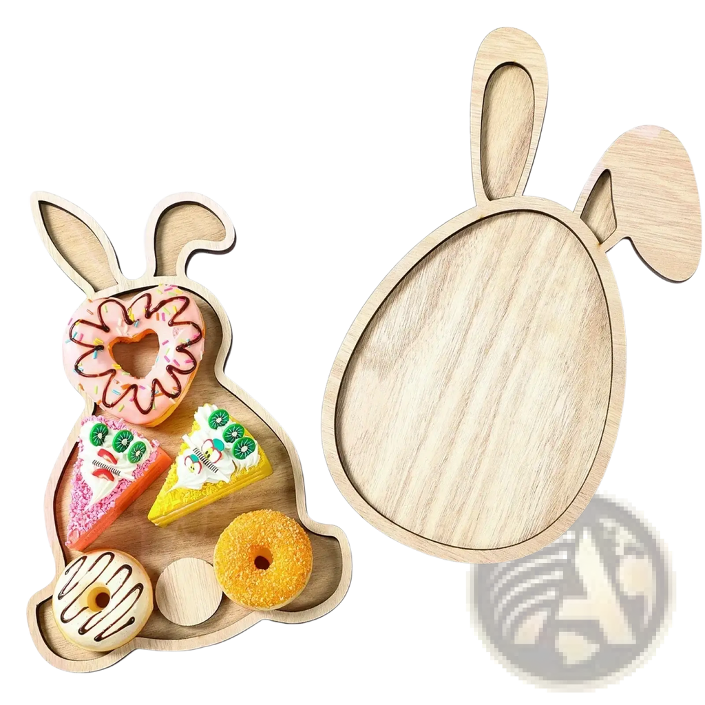 Light-colored wooden Easter bunny serving tray with cut-out ears and smooth natural wood grain finish for food display