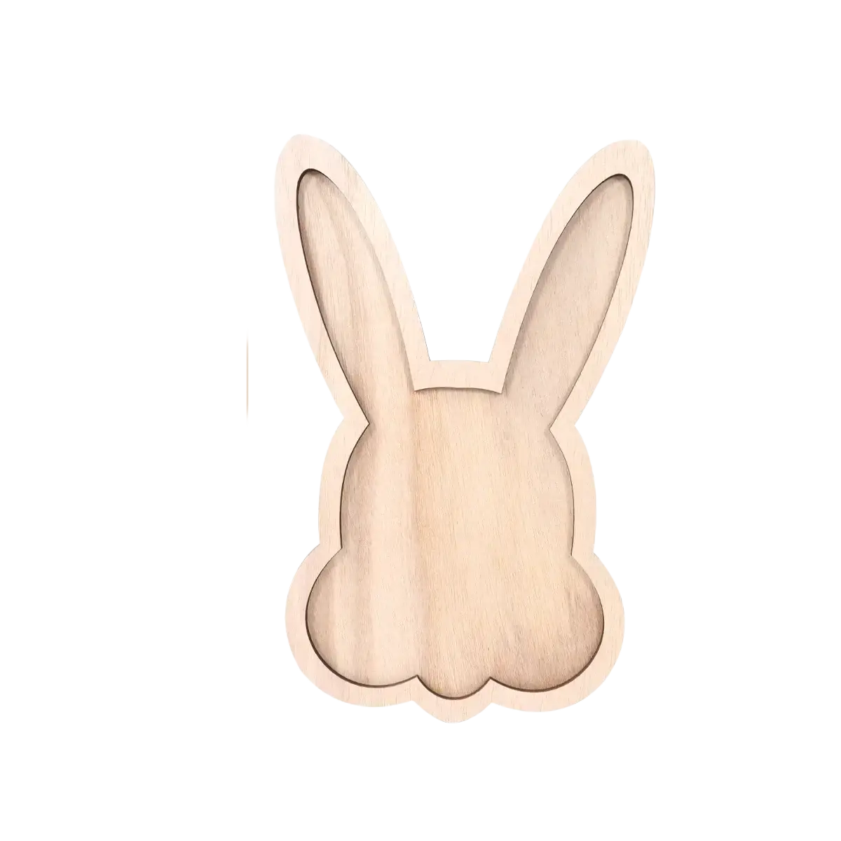 Wooden Easter bunny serving tray in light natural wood with smooth grain and clean-cut edges for food display