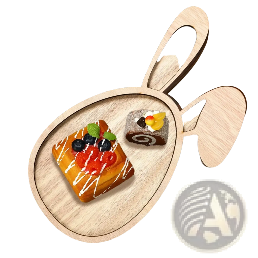 Light-colored wooden Easter bunny serving tray with smooth natural wood grain finish and cut-out ears for food display