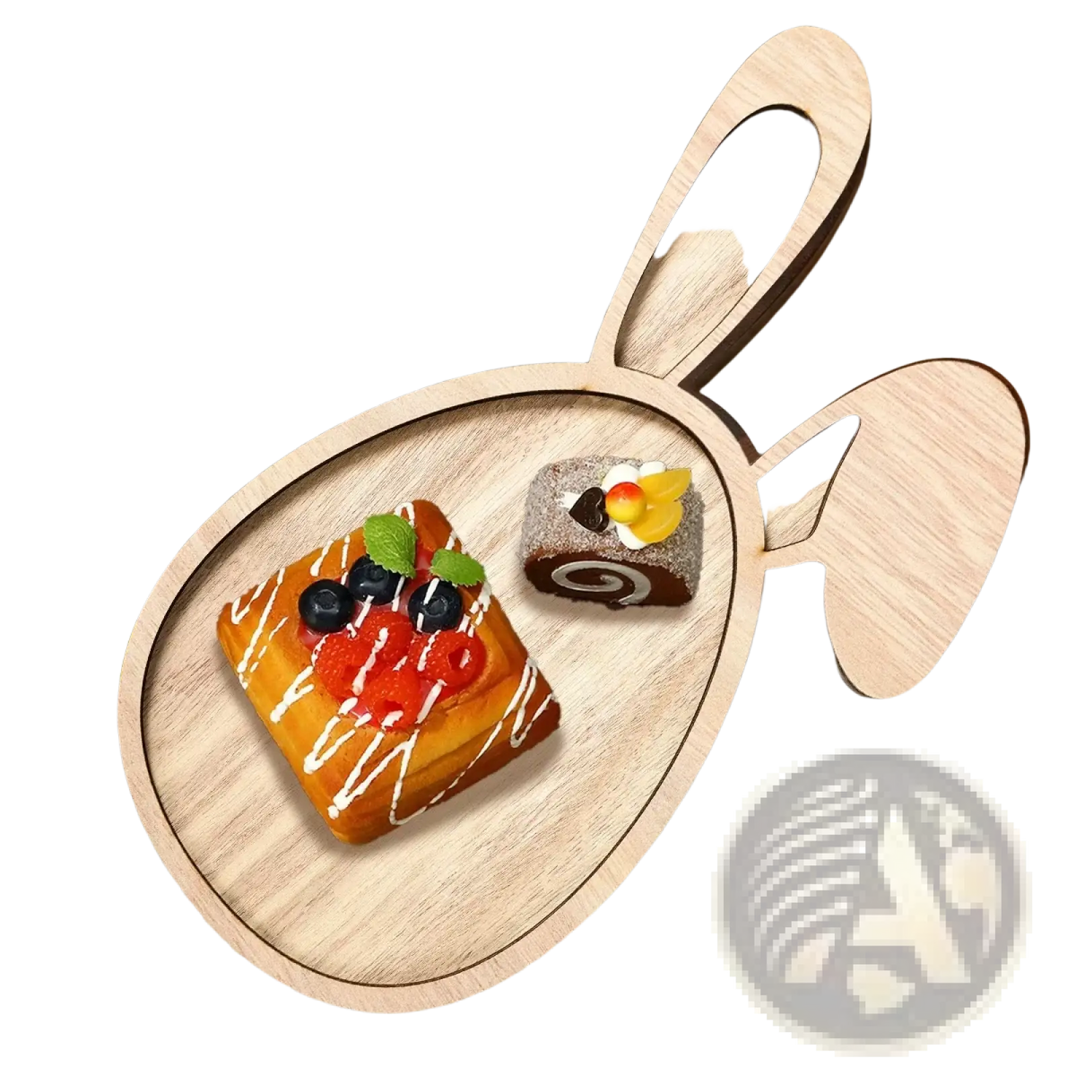 Light-colored wooden Easter bunny serving tray with smooth natural wood grain finish and cut-out ears for food display