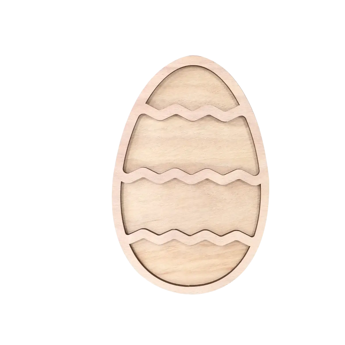 Light-colored wooden easter egg-shaped puzzle piece with wavy cutouts for wooden easter bunny serving tray