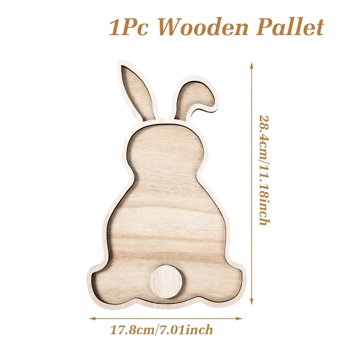 Light-colored wooden Easter bunny serving tray with cut-out ears and circular tail detail for food display
