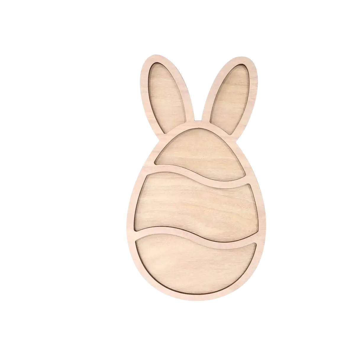 Light-colored wooden easter bunny serving tray with natural wood grain and three wavy horizontal grooves