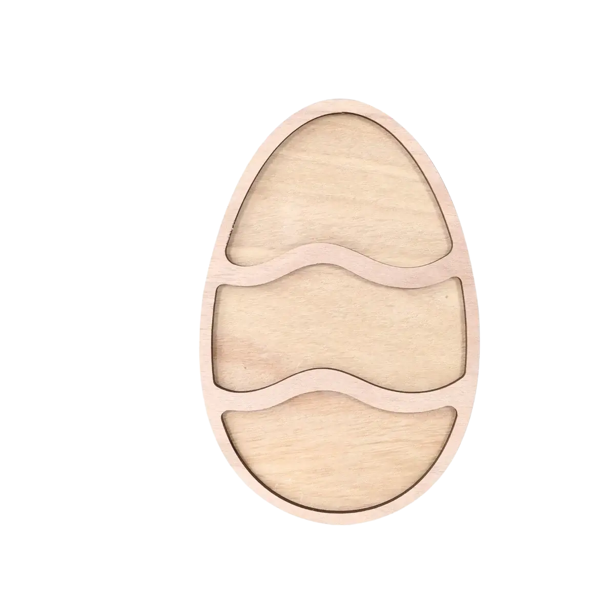 Light-colored wooden easter egg-shaped puzzle piece with wavy cut-outs for a wooden easter bunny serving tray