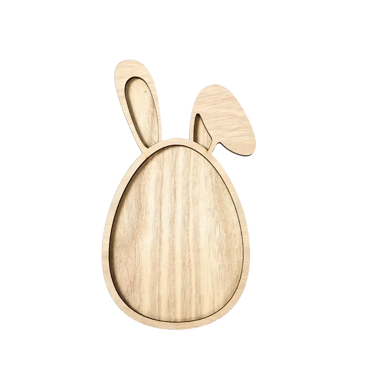 Light-colored wooden Easter bunny serving tray with natural wood grain and cut-out ears for food display