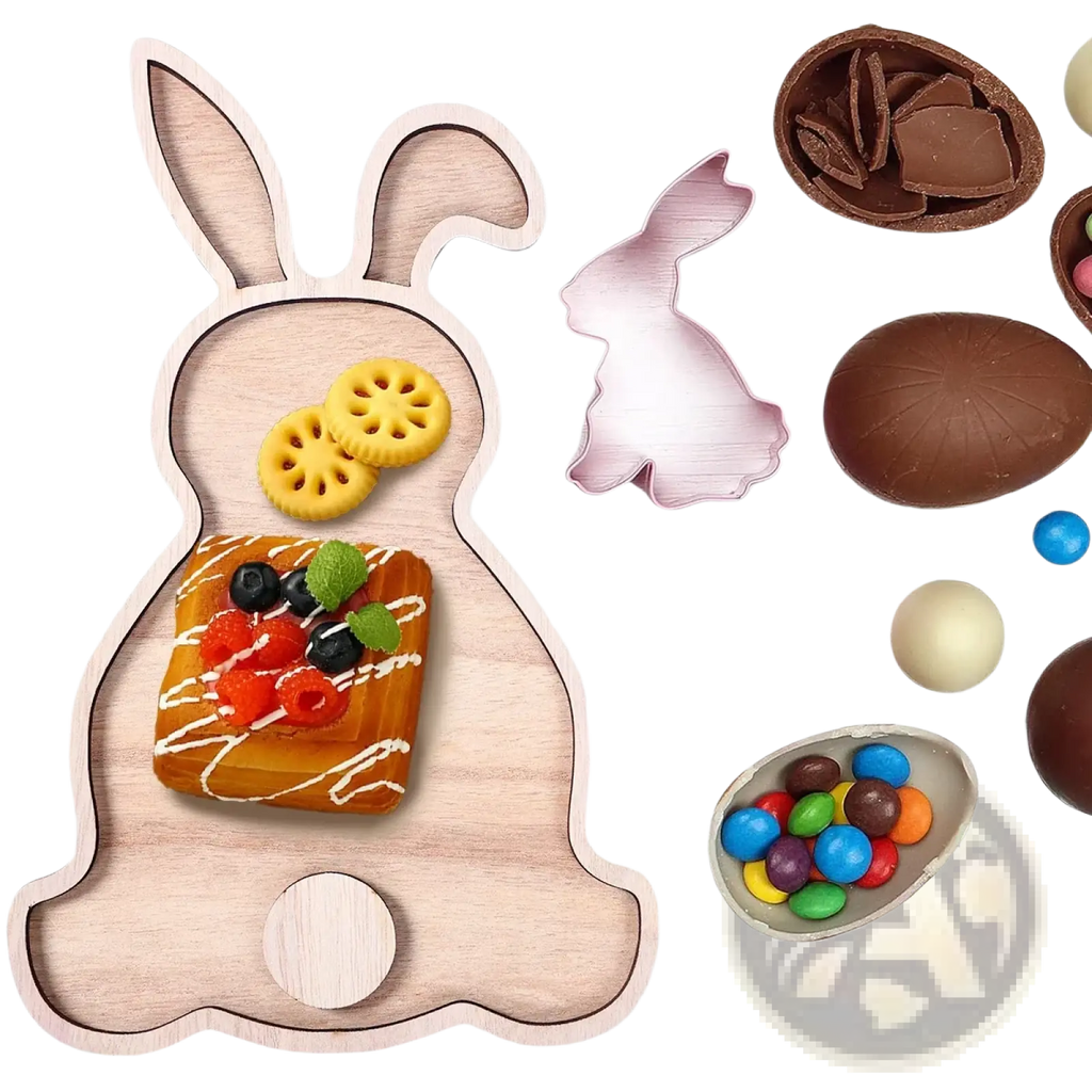 Light-colored wooden Easter bunny serving tray with cutout design and round compartment for food display