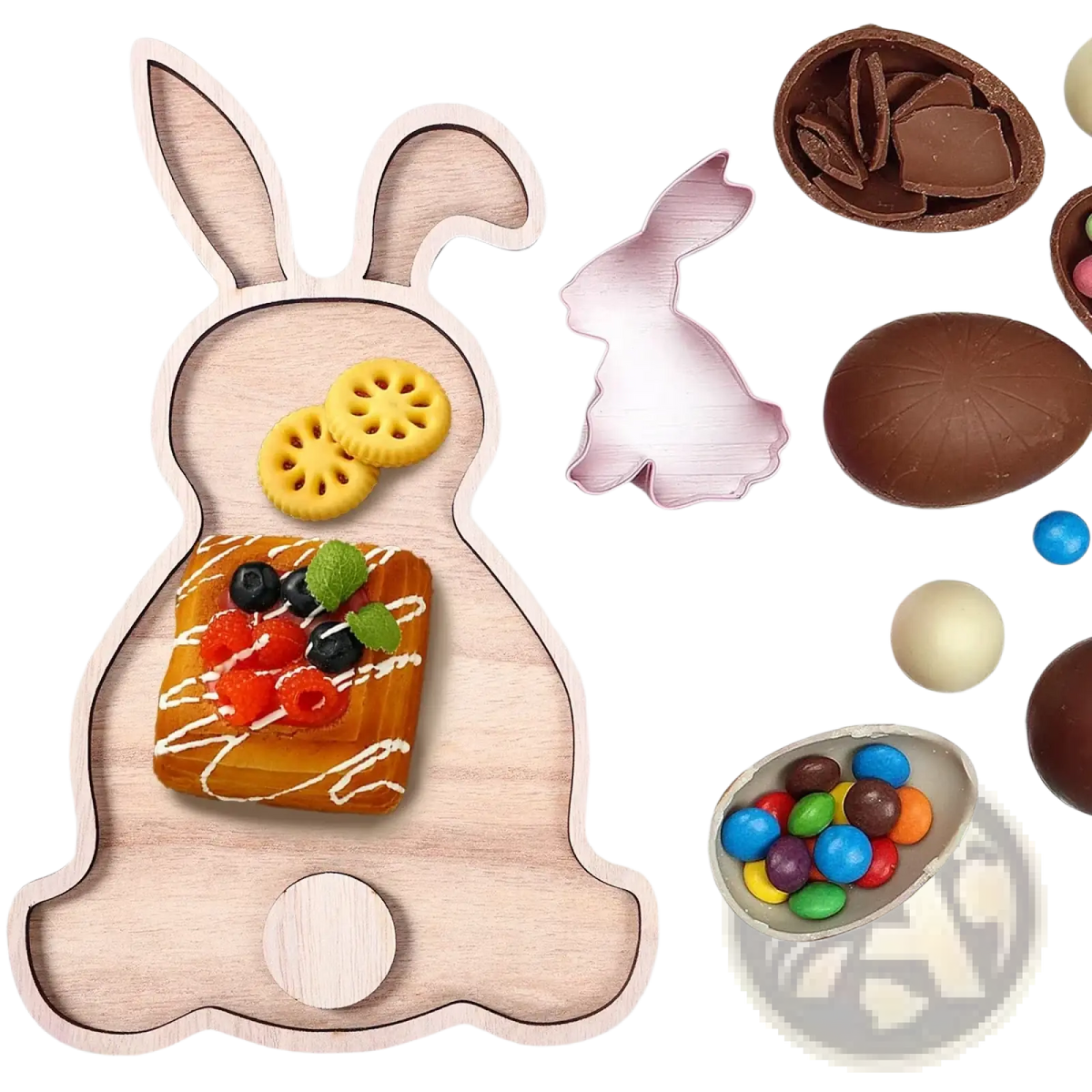 Light-colored wooden Easter bunny serving tray with cutout design and round compartment for food display