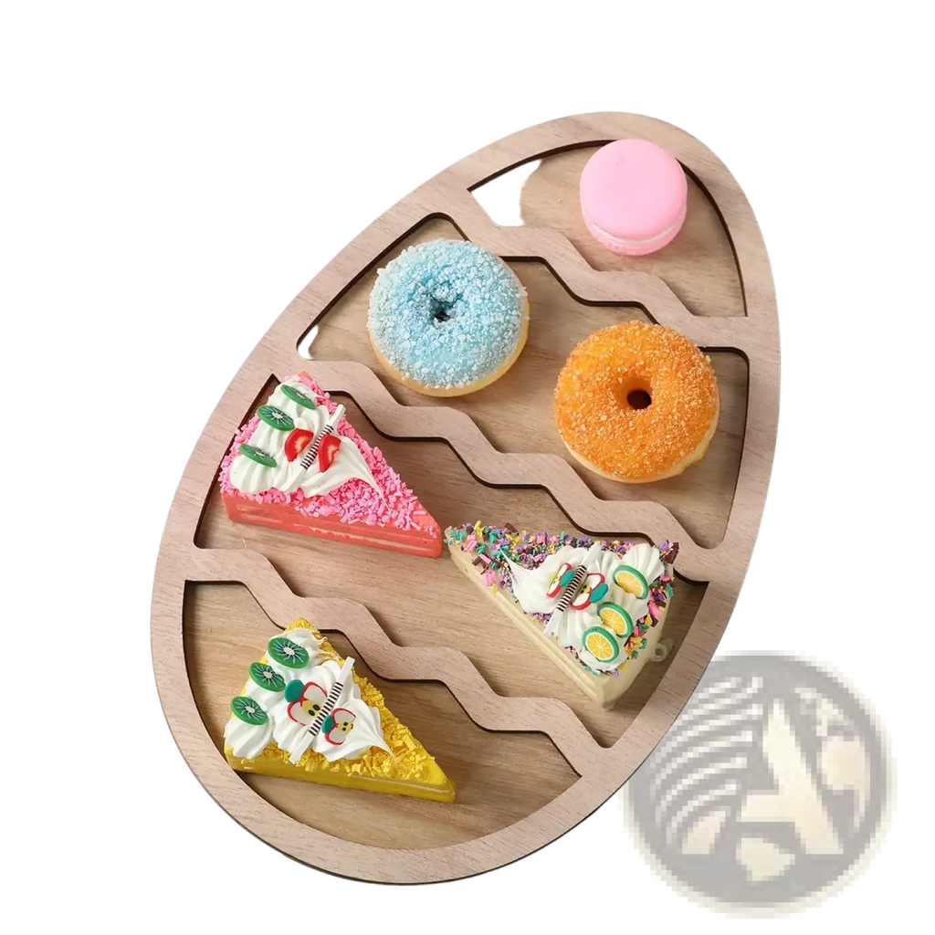 Light wood egg-shaped wooden Easter bunny serving tray with zigzag cutouts holding pastel desserts