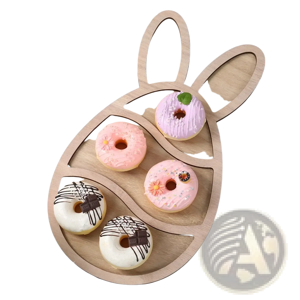 Light wood bunny-shaped wooden Easter bunny serving tray with five compartments holding assorted decorated donuts