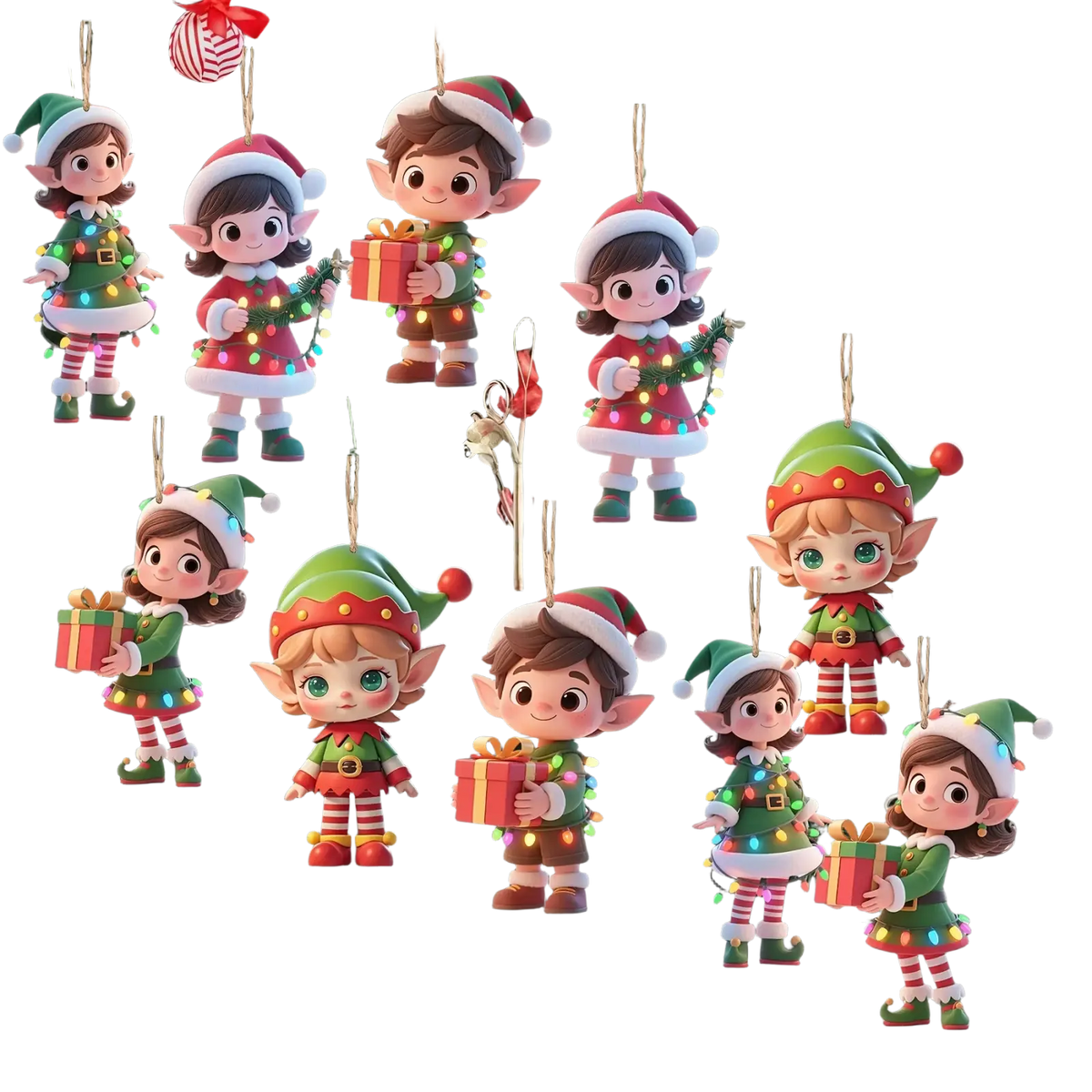 Wooden elf christmas tree ornaments 10 pack in red green and gold with striped leggings and glowing led lights