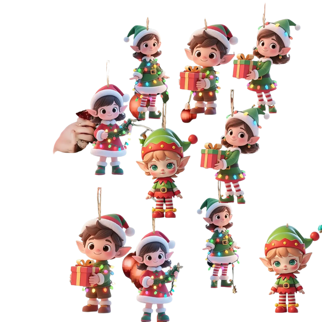 Wooden elf christmas tree ornaments 10 pack green and red with glowing led lights in a cute cartoon style