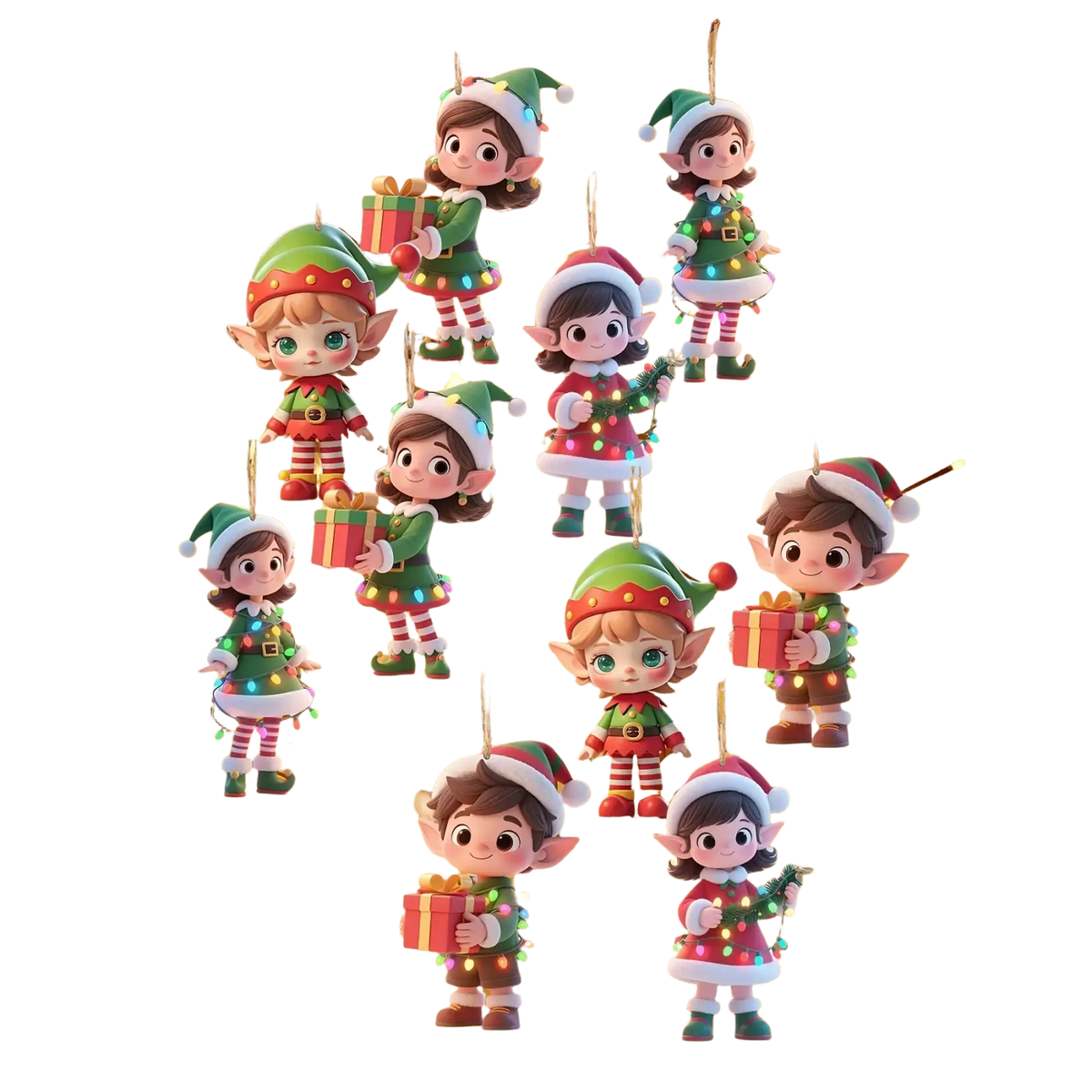 Festive wooden elf christmas tree ornaments 10 pack in green red and white with glowing lights on tree
